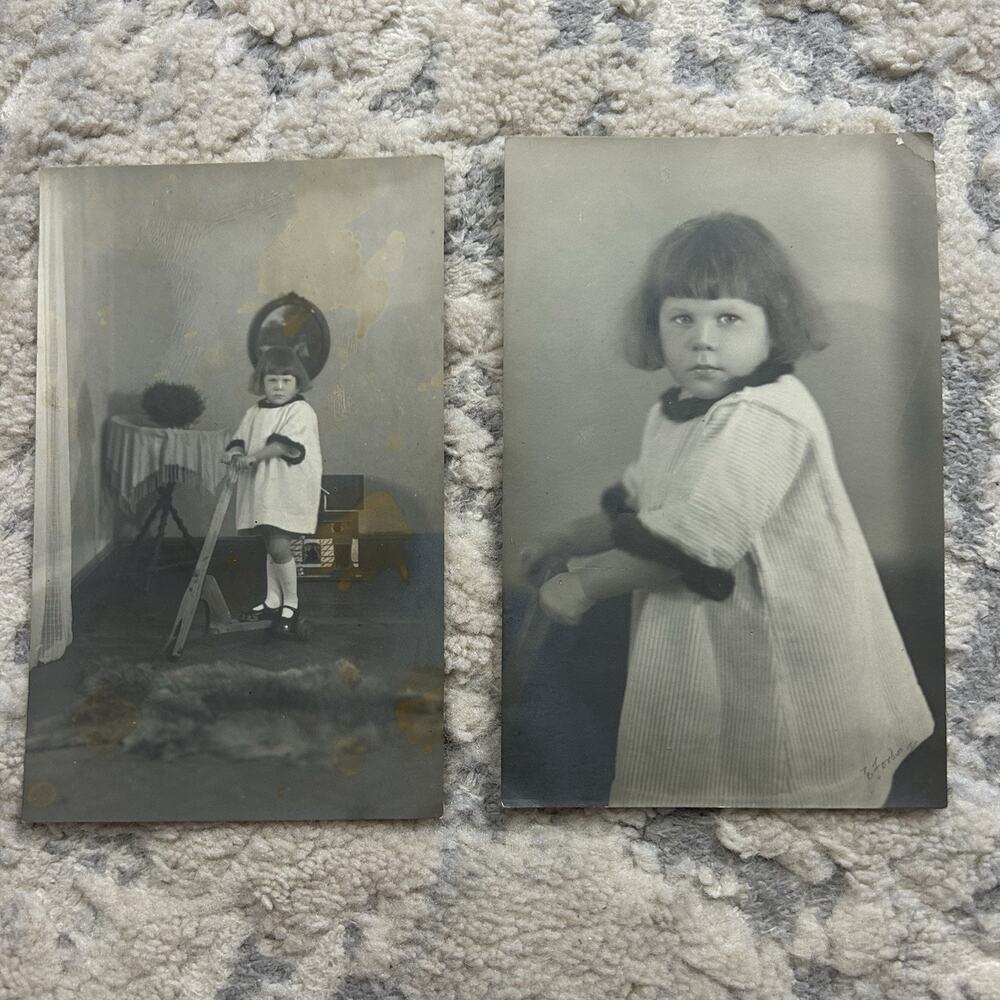 2 Black White Postcard Photos Little Girl On A Scooter 1940s 5.25" x 3.25"